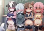  4girls 4others :o animal_ear_fluff animal_ears ass_visible_through_thighs bar_censor black_fur black_hair black_thighhighs blue_eyes blush brown_fur brown_hair camisole camisole_lift cardigan carrot_hair_ornament censored chalkboard classroom clothes_lift clothes_pull covering covering_crotch cow_ears cow_girl cowboy_shot dagashi_(daga2626) day dot_mouth dungarees embarrassed facial_mark fangs fangs_out food-themed_hair_ornament furry furry_female grey_hoodie hair_between_eyes hair_ornament hairband hairclip hands_in_pockets highres hood hoodie indoors lifted_by_self medium_hair momo-chan_(dagasi) multicolored_hair multiple_girls multiple_others navel nose_blush original panties panty_pull paw_print paw_print_pattern pink_cardigan pink_hair purple_eyes pussy rabbit_ears rabbit_girl rabbit_tail red_eyes red_hairband saliva sex_ed shirt_lift short_shorts shorts shorts_pull sidelocks striped_camisole tail tail_in_mouth tearing_up teeth thighhighs translation_request two-tone_hair underwear upper_teeth whisker_markings white_fur white_hair white_panties yellow_camisole yellow_panties 