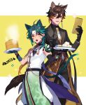  almond_tofu_(genshin_impact) animal_ears arm_tattoo bangs black_gloves black_jacket black_pants brown_hair cat_boy cat_ears cat_tail earrings food genshin_impact gloves green_gloves green_hair highres holding jacket jewelry kh66gs long_coat long_hair male_focus multicolored_hair necktie pants shirt shoulder_pads shoulder_spikes spikes tail tassel tattoo tofu vision_(genshin_impact) waist_cape white_necktie white_shirt xiao_(genshin_impact) xiao_(sweets_paradise)_(genshin_impact) yellow_eyes zhongli_(genshin_impact) 