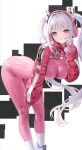  1girl alice_(nikke) animal_ears bent_over bodysuit breasts cirilla_lin goddess_of_victory:_nikke grin hand_on_own_knee hand_up headphones headset highres large_breasts long_hair pink_bodysuit pink_eyes shoes shrug_(clothing) skin_tight smile sneakers socks solo twintails v white_hair white_socks 