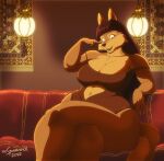  absurd_res anthro big_breasts breasts brown_hair canid canine canis clothing curvy_figure dress female furniture hair hi_res jackal lights mammal navel nineveh_(xxsparcoxx) open_mouth sitting solo thick_thighs voluptuous wide_hips xxsparcoxx 