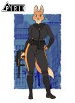  anthro belt black_clothing breasts canid canine clothed clothing diane_foxington dreamworks eyebrow_piercing facial_piercing female fox fur gun hand_on_hip hi_res holding_gun holding_object holding_weapon looking_at_viewer mammal orange_body orange_fur piercing pirin-apex pouches ranged_weapon skinsuit smile solo standing the_bad_guys tight_clothing utility_belt weapon wraps 