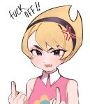  1girl bare_shoulders black_hairband blonde_hair hairband highres kumaartsu mandy_(grim_adventures) middle_finger profanity short_hair simple_background solo the_grim_adventures_of_billy_&amp;_mandy upper_body white_background 