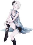  1girl absurdres black_footwear boots closed_mouth grey_eyes hair_ornament highres jewelry kyokugen_dasshutsu looking_down necklace phi_(kyokugen_dasshutsu) season_(artist) short_hair simple_background sitting solo white_background white_hair zero_escape:_toki_no_jirenma 