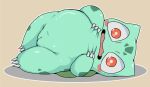  blush bulbasaur chubby_female claws cleft_of_venus doneru female generation_1_pokemon genitals green_body head_markings looking_at_viewer lying markings nintendo on_side pokemon pokemon_(species) pussy simple_background solo video_games 