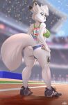  2022 anthro athlete blue_eyes breasts butt canid canine clothing female footwear fox fur green_clothing green_topwear hi_res hinget looking_back mammal number_on_clothing number_on_topwear plantigrade shoes solo stadium topwear white_body white_fur 