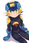  1boy black_bodysuit black_hair blue_headwear blush bodysuit closed_mouth commentary_request green_eyes helmet highres looking_at_viewer male_focus mega_man_(series) mega_man_battle_network megaman.exe shadow short_hair simple_background sitting solo spiked_hair tok_nuts watermark white_background 