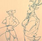  anthro beastars blush bottomwear canid canine canis cervid clothing duo half-closed_eyes legoshi_(beastars) looking_at_butt looking_back_at_partner louis_(beastars) male male/male mammal narrowed_eyes shirtless shorts wuffinarts 