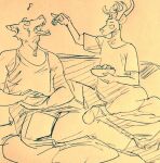  anthro antlers beastars bowl canid canine canis cervid clothed clothing container crossed_legs duo eating feeding_each_other fully_clothed horn legoshi_(beastars) louis_(beastars) male male/male mammal open_mouth shirt sitting snack tank_top topwear wuffinarts 