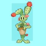  absurd_res accessory anthro blue_background cactus dot_eyes elemental_creature flora_fauna flower flower_(anatomy) flower_accessory flower_in_hair flower_pot hair hair_accessory hi_res lagomorph leporid male mammal plant rabbit simple_background smile solo the_xing1 thorns 