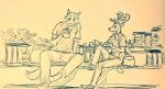  anthro antlers beastars bench canid canine canis cervid clothed clothing drinking duo eating food fully_clothed horn legoshi_(beastars) looking_at_another looking_at_partner louis_(beastars) male male/male mammal sandwich_(food) sitting straw wolf wuffinarts 