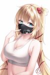  1girl absurdres akai_haato bangs blonde_hair blue_eyes breasts cleavage hair_ribbon highres hololive large_breasts long_hair looking_at_viewer mask mouth_mask one_side_up red_ribbon ribbon riri_yo simple_background solo sports_bra upper_body virtual_youtuber white_background white_sports_bra 
