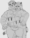  2022 absurd_res anthro boss_(kamui_shirow) bottomwear clothing cute_fangs delivery_bear_service duo embrace felid hat headgear headwear hi_res hug hugging_from_behind kamui_shirow kemono male mammal overweight overweight_male pantherine pants shirt taiga_(kamui_shirow) tiger topwear ursid 