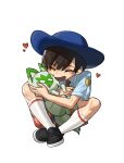  1boy brown_hair cat florian_(pokemon) hat heart highres jeongchebulmyeongingan necktie pokemon pokemon_(creature) pokemon_(game) pokemon_sv shirt shoes short_hair short_sleeves shorts simple_background smile socks sprigatito uva_academy_uniform white_background 