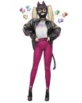  1girl animal_ears black_footwear black_jacket black_mask blonde_hair cat_ears cat_tail fake_animal_ears fake_tail full_body highres jacket long_hair looking_at_viewer original pants parted_lips purple_eyes purple_pants rinotuna shirt_tucked_in shoes simple_background solo standing tail twintails white_background 