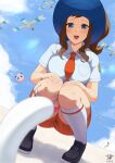  1girl :d absurdres artist_name bird black_footwear blue_eyes blurry breasts brown_hair character_request check_character check_copyright copyright_request depth_of_field highres hilda_(pokemon) jigglypuff kaos_art large_breasts necktie orange_necktie orange_shorts outdoors pokemon pokemon_(game) pokemon_sv shorts skin_tight smile socks squatting sunlight taut_clothes taut_shorts white_socks wiglett wingull 