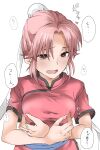  1girl blush breasts brown_eyes bun_cover dragon_quest dragon_quest_dai_no_daibouken dress elf_(stroll_in_the_woods) hair_bun highres maam nipple_tweak open_mouth pink_hair short_hair simple_background single_hair_bun solo white_background 