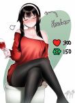  1girl absurdres alcohol bare_shoulders black_hair black_pantyhose blush breasts cleavage closed_mouth collarbone crossed_legs cup dress drinking_glass earrings english_text facing_viewer feet_out_of_frame highres holding holding_cup jewelry large_breasts nose_blush off-shoulder_dress off_shoulder pantyhose red_dress short_hair_with_long_locks sidelocks signature sitting smile solo spy_x_family twitter_strip_game two-tone_background v-shaped_eyebrows wine wine_glass yor_briar zasshu 