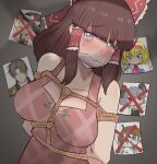  1girl apron bdsm bondage bound breasts brown_hair character_request cleave_gag cloth_gag cookie_(touhou) copyright_request cross gag gagged heshikiri_hasebe highres ichigo_(cookie) improvised_gag mikan_(nicoseiga_126473811) nyon_(cookie) off_shoulder pink_apron rope rurima_(cookie) sad scared shadow shibari suzu_(cookie) tears tied_up_(nonsexual) touhou touken_ranbu 