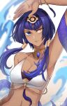  1girl armpits bikini blue_eyes blue_hair bracelet breasts candace_(genshin_impact) cleavage eye_of_horus genshin_impact hair_tubes hand_up heterochromia highres ivo_k jewelry looking_at_viewer medium_breasts navel parted_lips sidelocks solo stomach swimsuit tan white_bikini 