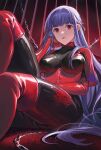  1girl asagami_fujino bangs bdsm blue_hair bodysuit bondage bondage_outfit boots bound breasts cage chain elbow_gloves eyebrows_hidden_by_hair fate/grand_order fate_(series) gloves highres kara_no_kyoukai lalatia-meai latex latex_bodysuit long_hair looking_at_viewer purple_hair red_eyes red_footwear sadism sitting solo thigh_boots 