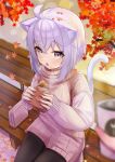  1girl absurdres ahoge animal_ear_fluff animal_ears autumn autumn_leaves bag bench black_pants blush cat_ears cat_girl cat_tail commentary_request crumbs food handbag highres hololive looking_at_viewer nekomata_okayu on_bench open_mouth pants pantyhose parijennu222 park_bench purple_eyes purple_hair purple_sweater sandwich sweater tail virtual_youtuber 