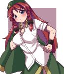  1girl beret braid breasts china_dress chinese_clothes cleavage dress green_jacket hat hat_ornament highres hong_meiling jacket jacket_removed one-hour_drawing_challenge red_hair renshirenji shirt short_sleeves star_(symbol) star_hat_ornament tangzhuang touhou white_shirt 