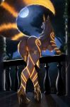  2022 anthro arched_back bent_over biped black_body black_fur black_hair butt canid canine canis clothing detailed_background digital_media_(artwork) female footwear full_moon fur genitals glowing glowing_genitalia glowing_markings glowing_nipples glowing_pussy hair hi_res high_heels jackal long_hair mammal markings moon nature nature_background nibhaaz nipples orange_markings orange_pussy outside presenting presenting_hindquarters pussy solo 