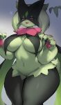  1girl bangs body_fur breasts claws fang furry furry_female gradient gradient_background green_fur hands_up highres large_breasts looking_at_viewer mask meowscarada navel open_mouth pokemon pokemon_(creature) red_eyes smile solo standing suurin_(ksyaro) thick_thighs thighs 
