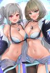  2girls areola_slip arm_around_back asymmetrical_docking bangs blue_eyes bob_cut breast_press breasts brown_hair choker cleavage collarbone cowboy_shot dark_green_hair dog_tags drill_hair green_eyes grey_hair groin heterochromia highres idolmaster idolmaster_cinderella_girls jacket kanzaki_ranko looking_at_viewer medium_breasts medium_hair mk_(mod0) mole mole_under_eye multiple_girls navel open_clothes open_fly open_jacket open_mouth purple_eyes red_eyes short_shorts shorts sidelocks single_leg_pantyhose smile swept_bangs takagaki_kaede twin_drills wide_hips 