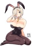  1girl alternate_costume animal_ears artist_name black_leotard blue_eyes blush bow bowtie breasts brown_pantyhose covered_navel dated detached_collar eyes_visible_through_hair fake_animal_ears grey_hair hair_ornament hair_over_one_eye hairclip hamakaze_(kancolle) highleg highleg_leotard highres kantai_collection large_breasts leotard looking_at_viewer owa_(ishtail) pantyhose playboy_bunny rabbit_ears short_hair sitting solo strapless strapless_leotard white_background wrist_cuffs 
