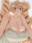  1girl bare_shoulders blonde_hair breasts cleavage closed_mouth dress gigantic_breasts highres long_hair looking_at_viewer mofu_mofuko_(ryusei_hashida) original red_eyes ryusei_hashida smile solo spaghetti_strap twintails veins veiny_breasts white_dress 