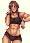  1girl abs absurdres akiosketch artist_name blush breasts brown_eyes brown_hair choker commentary cowboy_shot english_commentary hair_between_eyes highres muscular muscular_female navel original short_hair shorts simple_background small_breasts solo sports_bra sweat watermark 