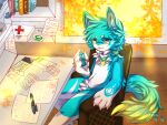  blue_body blue_fur canid canine canis depression drugs eyewear eyewear_on_head fsicyan fur glasses glasses_on_head light mammal pills schizophrenia sunlight white_body white_fur wolf yanqing_(character) young 