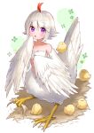  absurdres bandeau bird bird_girl bird_tail bird_wings blush breasts chick cleavage foot_hold harpy highres miyamo_(fumifumi_no_ura) monster_girl nest original parted_lips plume purple_eyes second-party_source short_hair small_breasts tail talons taur tori_(tama) white_hair winged_arms wings x_anus 