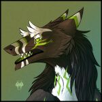  1:1 anthro artist_logo black_body black_fur bust_portrait cheek_tuft facial_markings facial_tuft fur glistening glistening_eyes green_eyes green_markings green_sclera green_tongue grey_body grey_fur head_markings kardinaluz logo male markings multicolored_body multicolored_fur narrowed_eyes neck_tuft nude portrait pupils sergal shadowwolfhunter sharp_teeth simple_background slit_pupils solo teeth tongue tuft white_body white_fur white_markings 