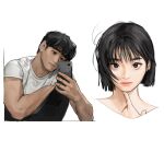  1boy 1girl bangs black_hair black_pants highres index_finger_raised mole mole_under_eye muscular muscular_male original pants portrait rinotuna selfie shirt short_hair short_sleeves simple_background white_background white_shirt 