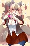  &lt;3 2022 2_tails 5_fingers anthro big_breasts bike_shorts blush bottomwear breasts canid canine canis claws cleavage clothed clothing cute_fangs digital_media_(artwork) domestic_dog female female_anthro finger_claws fingers fur gesture hair hand_heart hi_res kemono lemoco looking_at_viewer mammal multi_tail multicolored_body multicolored_fur open_mouth pawpads ponytail shorts skirt solo tongue 