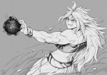  1girl absurdres android_21 bandeau biceps bracelet collar dragon_ball dragon_ball_super energy_ball from_behind greyscale grin highres jewelry long_hair monochrome muscular muscular_female pants puffy_pants smile solo speedl00ver wide-eyed 