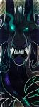  anthro black_body black_horn black_lips dragon empty_eyes fangs front_view grey_body hi_res horn kardinaluz lips long_neck looking_at_viewer male ridged_horn scalie shadowwolfhunter sharp_teeth simple_background solo teeth 