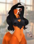  2022 ambiguous_gender anthro black_hair blurred_background breasts bryan_(huskii-s) digital_media_(artwork) english_text equid equine eyebrows eyelashes eyes_closed facial_markings female genitals hair head_markings hi_res horse huskii-s mammal markings multicolored_body nipples open_mouth orange_tail pussy solo text two_tone_body white_hair 