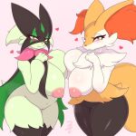 3cir_cle absurd_res anthro big_breasts braixen breasts duo female female/female generation_6_pokemon genitals green_body hi_res looking_at_viewer meowscarada nintendo nipples pokemon pokemon_(species) pussy video_games yellow_body 