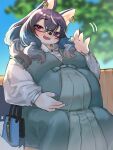  1girl animal_ears bangs blush breasts furry furry_female glasses hair_between_eyes hand_on_own_stomach hekate_(housamo) highres holding large_breasts long_hair lostdog121 multicolored_hair pregnant purple_eyes purple_hair smile tokyo_afterschool_summoners 