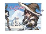  1girl animal_ears backpack bag black_gloves blush border brown_eyes brown_hair coat commission gloves golem hands_up hat highres lantern mittens mullmull02 original parted_lips rabbit_mage_(mithost) skeb_commission solo twitter_username white_border witch_hat 
