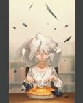  1other androgynous closed_eyes eating food fork head_wings highres holding holding_fork holding_knife knife long_sleeves mullmull02 on_chair original pie pillarboxed shirt sitting solo table twitter_username white_shirt 