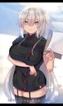  1girl :3 ahoge akio_(akio1124) arm_under_breasts black_thighhighs blush breasts clipboard cowboy_shot fate/grand_order fate_(series) garter_straps highres jeanne_d&#039;arc_(fate) jeanne_d&#039;arc_alter_(fate) large_breasts looking_at_viewer nurse smile solo thighhighs thighs white_hair yellow_eyes 