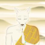  beastars buddhism canid canine canis cloud eyes_closed fog fur half_clothed hi_res humanoid legoshi_(beastars) light male mammal monk mountain photo_background rosary short_fur solo white_body white_fur wolf xdzy111 