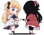  2girls aly_(eshikidori) apron bangs black_hair black_skin blonde_hair blue_bow blue_dress blue_eyes blunt_bangs bow chibi colored_skin dress emilico_(shadows_house) flower full_body hair_bow hair_flower hair_ornament interlocked_fingers kate_(shadows_house) long_hair long_sleeves multiple_girls red_dress red_flower red_rose rose shadow_(shadows_house) shadows_house two_side_up white_apron 