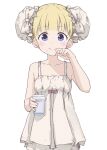  1girl bangs blonde_hair blue_eyes blunt_bangs blush bow cup double_bun emilico_(shadows_house) hair_bun highres holding holding_cup looking_at_viewer pajamas pink_bow rauto shadows_house shirt simple_background solo two_side_up upper_body water white_background white_shirt 