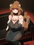  1girl animal_ears black_dress black_gloves breasts brown_eyes brown_hair champagne_flute chest_tattoo cleavage closed_mouth commission couch cup dress drinking_glass gloves highres holding holding_cup huge_breasts looking_at_viewer ponytail raphtalia red_eyes ryusei_hashida signature sitting smile solo sweat tail tate_no_yuusha_no_nariagari tattoo wet 