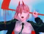  1girl artist_name black_jacket black_necktie blood blood_drip blood_on_clothes blue_background bow chainsaw_man collared_shirt cross-shaped_pupils formal hair_between_eyes highres holding holding_scythe holding_weapon horns jacket keibleh long_hair looking_at_viewer necktie open_mouth pink_hair power_(chainsaw_man) red_bow red_horns scythe sharp_teeth shirt solo suit symbol-shaped_pupils teeth weapon white_shirt 